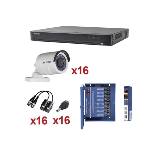 Kit de Vigilancia HIKVISION - DVR 16 Canales - 16 Cámaras Bala - Transceptores - Conectores - Fuente de poder - KH1080P16BW