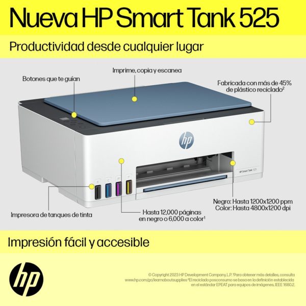 Multifuncional HP Smart Tank 525 - 12ppm Negro - 5ppm Color - Tinta Continua - USB - 1F3W3A - Imagen 6