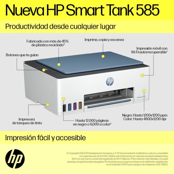 Multifuncional HP Smart Tank 585 - 12ppm Negro - 5ppm Color - Tinta Continua - USB - Wi-Fi - 1F3Y4A - Imagen 7